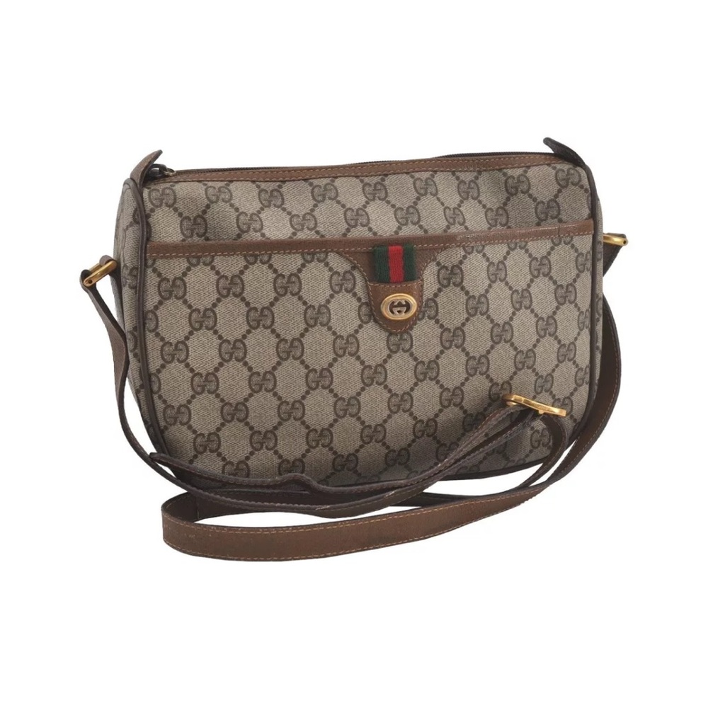 Authentic GUCCI Web Sherry Line Shoulder Cross Bag GG PVC Leather Brown 7169I - Picture 3 of 16